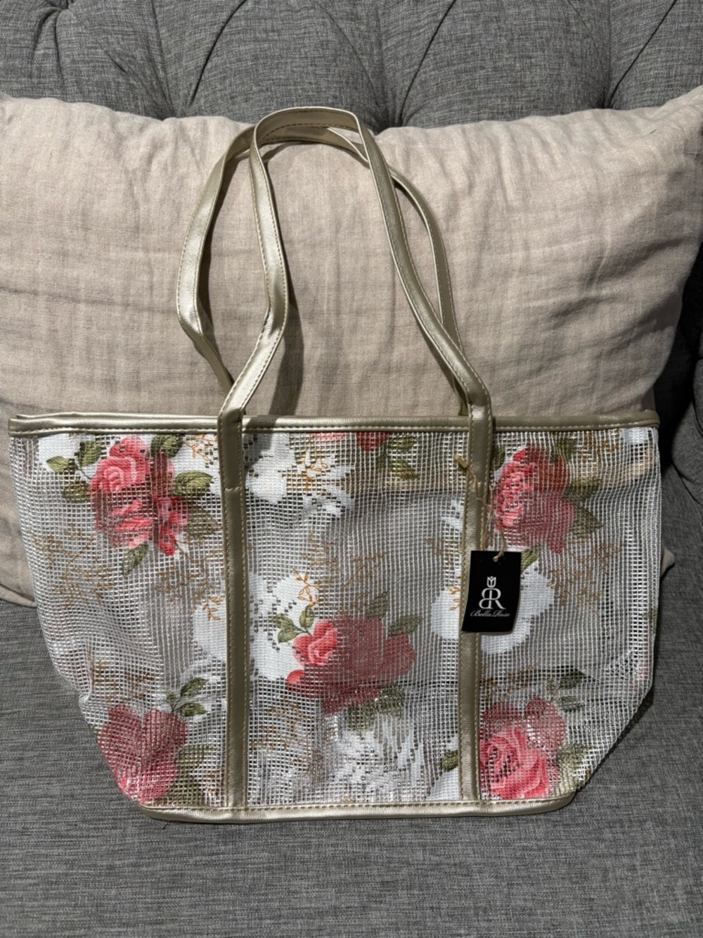 Bella Rose Closet Pink Rose Mesh Tote with Gold Trim